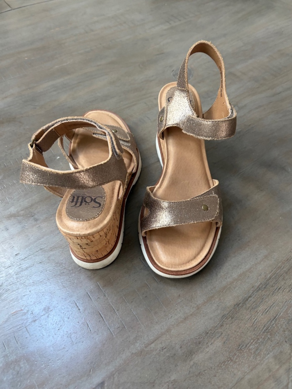 Sofft gold leather and cork wedge sandals.
